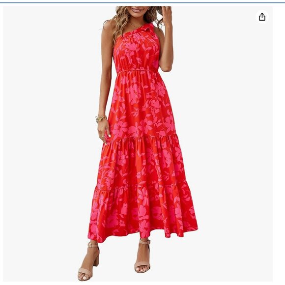 PrettyGarden Dresses & Skirts - Red Floral One-Shoulder Maxi Dress – Size Medium